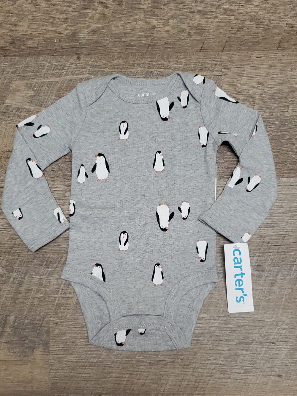 Carter's Baby Gray Penguin Print Long Sleeve Bodysuit NWT Unisex Infant 3M